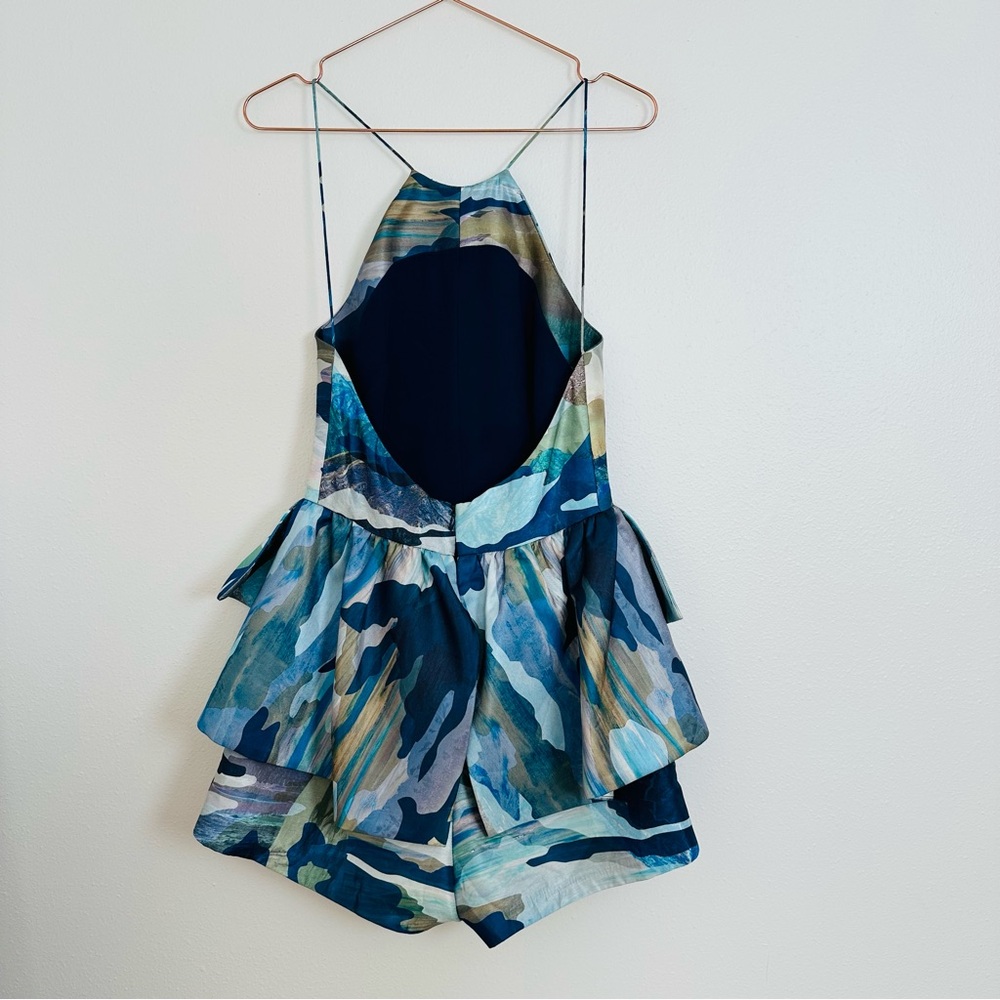 Cameo Artistic Blue Green Layered Halter Open Back Jumpsuit with Abstract Print - Picture 8 of 10